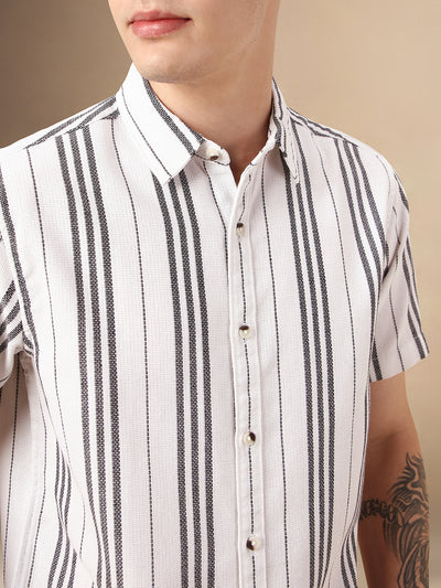 Men's White Striped Spread Collar Half Sleeves Polycotton Casual Shirt