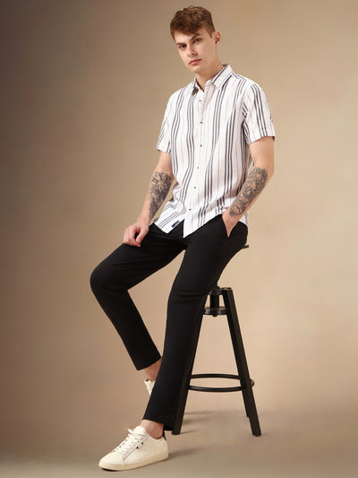 Men's White Striped Spread Collar Half Sleeves Polycotton Casual Shirt