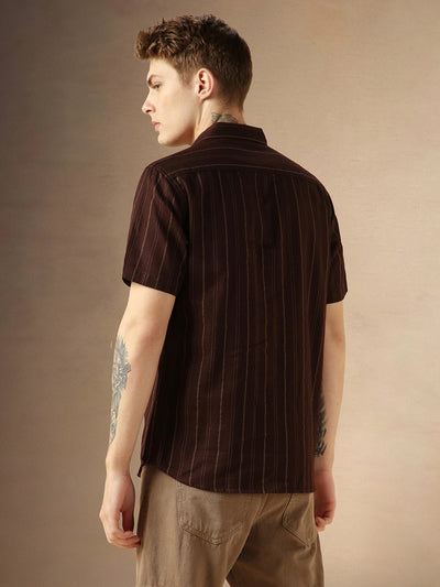 Men's Maroon Cotton Dobby Spread Collar Half Sleeves Striped Shirt