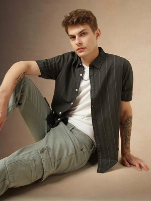 Men's Green Cotton Dobby Spread Collar Half Sleeves Striped Shirt