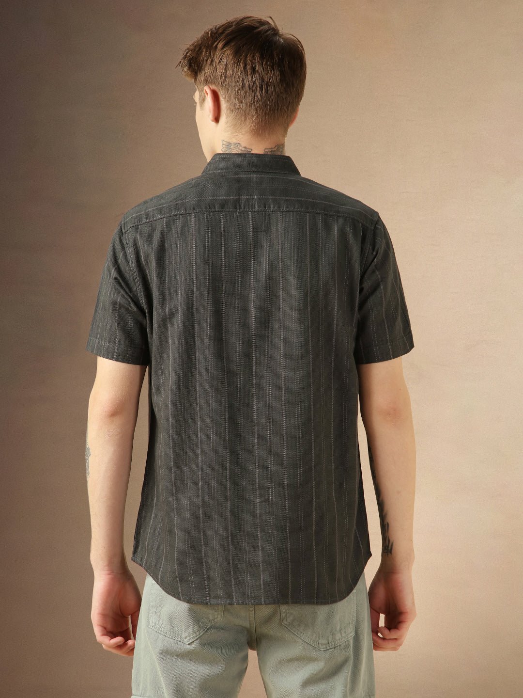 Men's Green Cotton Dobby Spread Collar Half Sleeves Striped Shirt