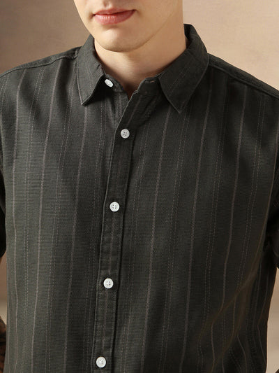 Men's Green Cotton Dobby Spread Collar Half Sleeves Striped Shirt