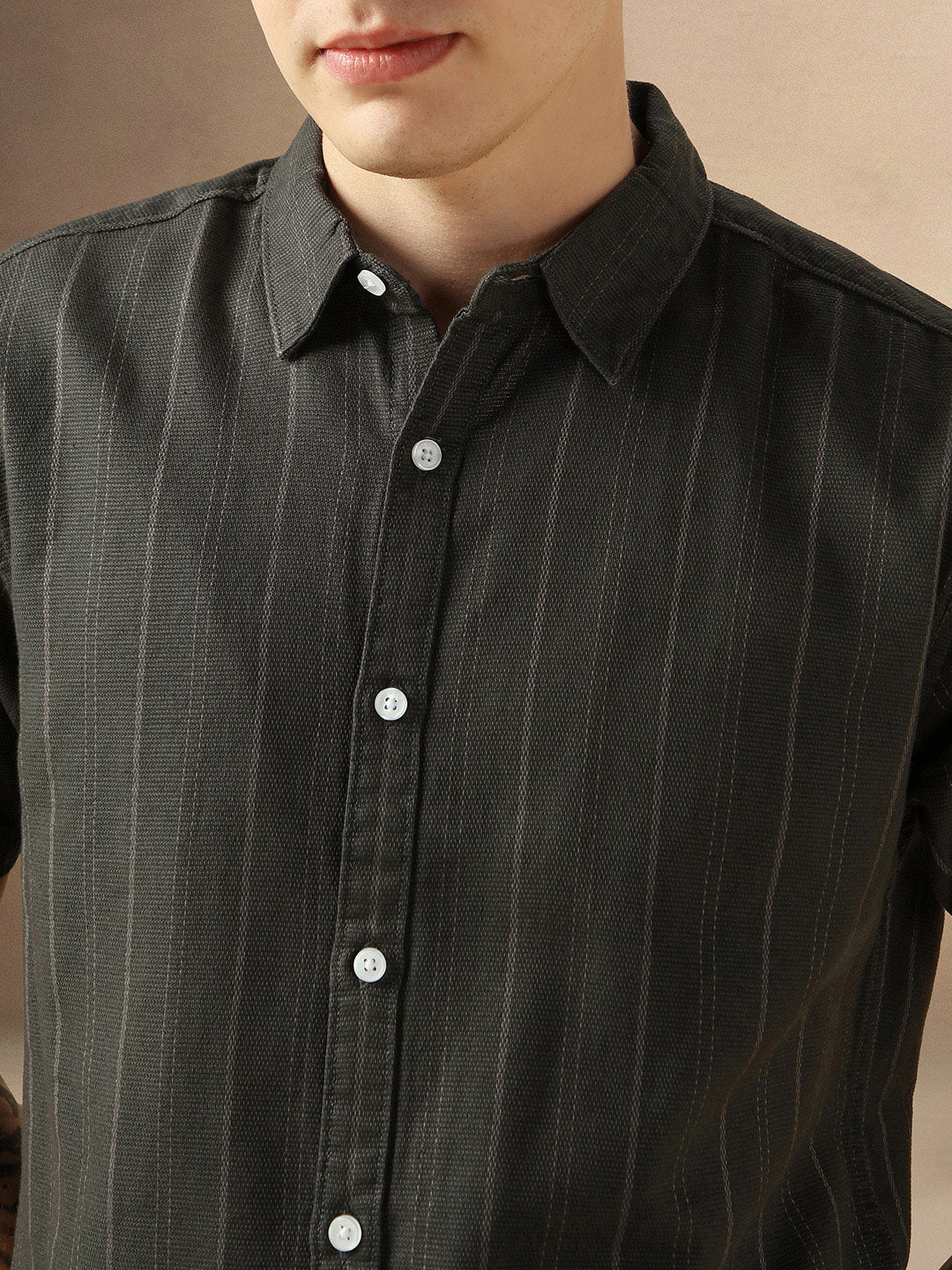 Men's Green Cotton Dobby Spread Collar Half Sleeves Striped Shirt