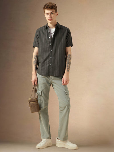 Men's Green Cotton Dobby Spread Collar Half Sleeves Striped Shirt