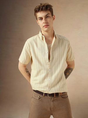 Men's Beige Cotton Dobby Spread Collar Half Sleeves Striped Shirt