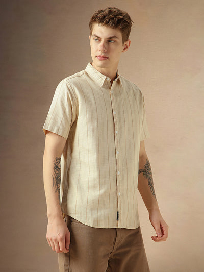 Men's Beige Cotton Dobby Spread Collar Half Sleeves Striped Shirt