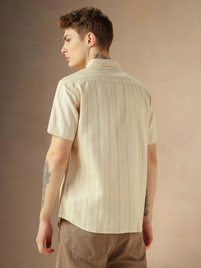 Men's Beige Cotton Dobby Spread Collar Half Sleeves Striped Shirt