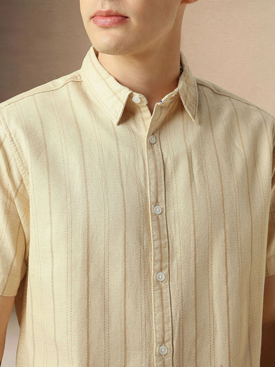 Men's Beige Cotton Dobby Spread Collar Half Sleeves Striped Shirt
