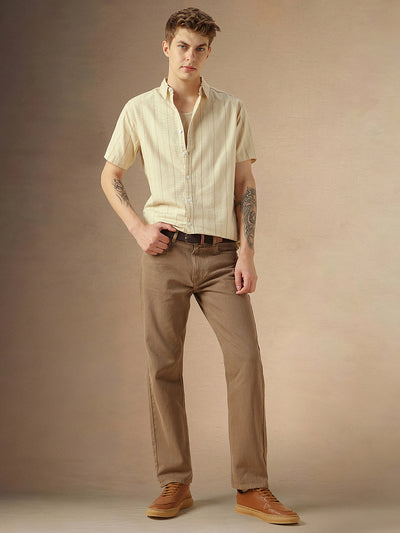 Men's Beige Cotton Dobby Spread Collar Half Sleeves Striped Shirt