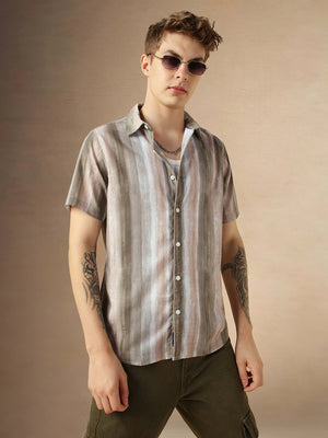 Men's Brown Cotton Spread Collar Half Sleeves Printed Shirt