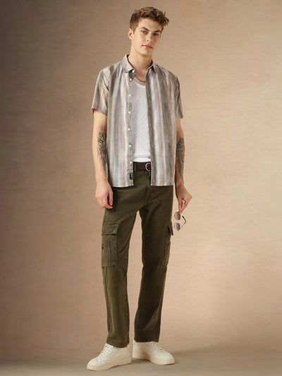 Men's Brown Cotton Spread Collar Half Sleeves Printed Shirt