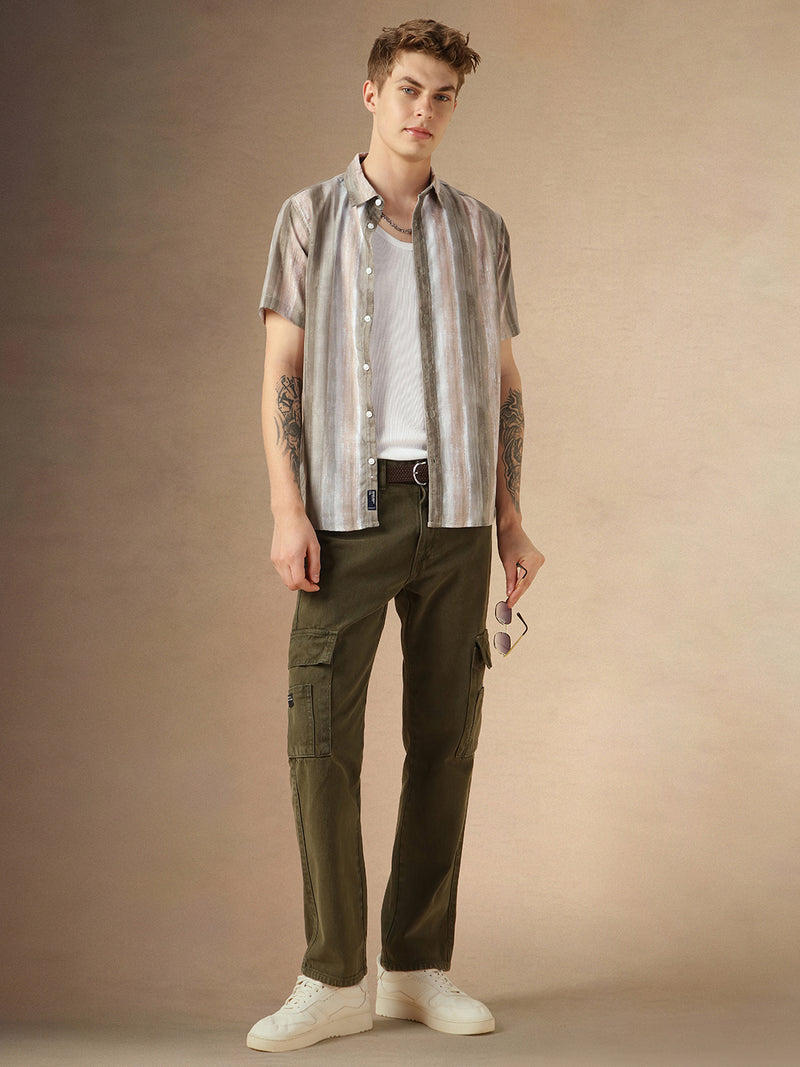 Men's Brown Cotton Spread Collar Half Sleeves Printed Shirt