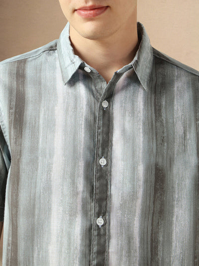 Men's Grey Cotton Spread Collar Half Sleeves Printed Shirt