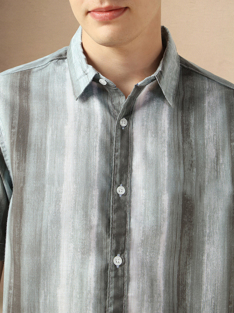 Men's Grey Cotton Spread Collar Half Sleeves Printed Shirt