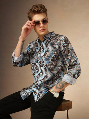 Men's Blue Printed Spread Collar Full Sleeves Shirt