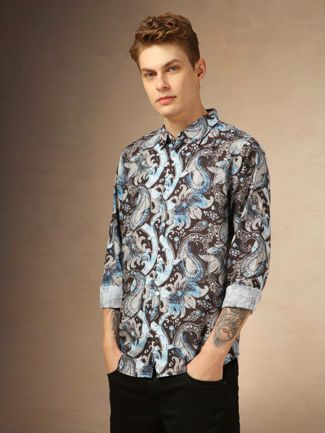 Men's Blue Printed Spread Collar Full Sleeves Shirt