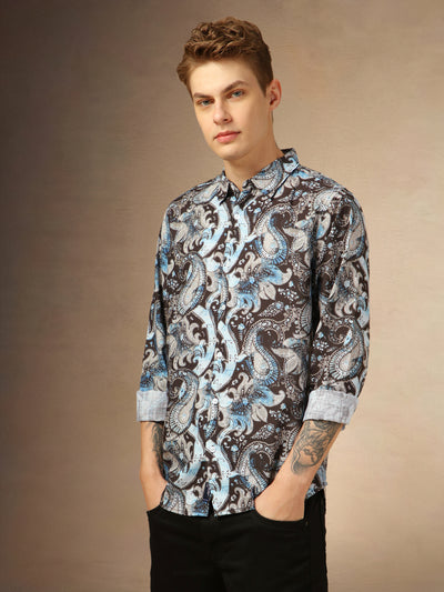 Men's Blue Printed Spread Collar Full Sleeves Shirt