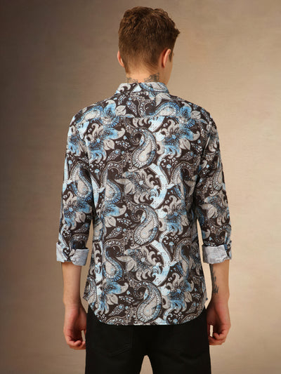 Men's Blue Printed Spread Collar Full Sleeves Shirt