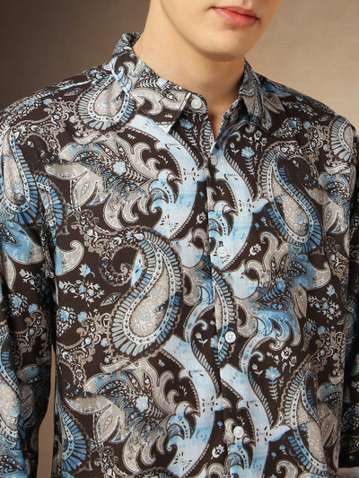 Men's Blue Printed Spread Collar Full Sleeves Shirt
