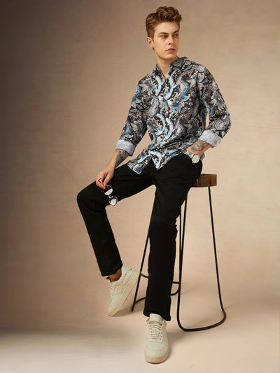 Men's Blue Printed Spread Collar Full Sleeves Shirt