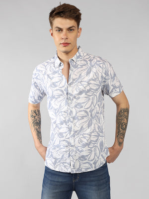 Men's Blue Floral Print Spread Collar Short Sleeves Relaxed Fit Casual Shirt