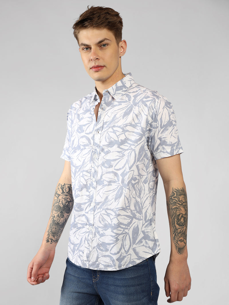 Men's Blue Floral Print Spread Collar Short Sleeves Relaxed Fit Casual Shirt