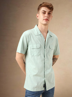 Men's Green Solid Cuban Collar Short Sleeves Relaxed Fit Casual Shirt