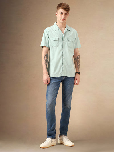 Men's Green Solid Cuban Collar Short Sleeves Relaxed Fit Casual Shirt