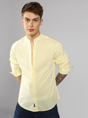 Men's Yellow Solid Mandarin Collar Full sleeve Regular Shirt