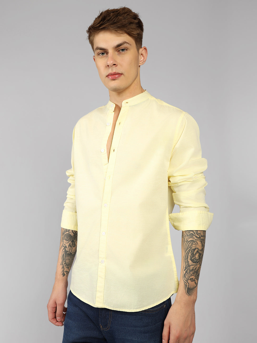Men's Yellow Solid Mandarin Collar Full sleeve Regular Shirt