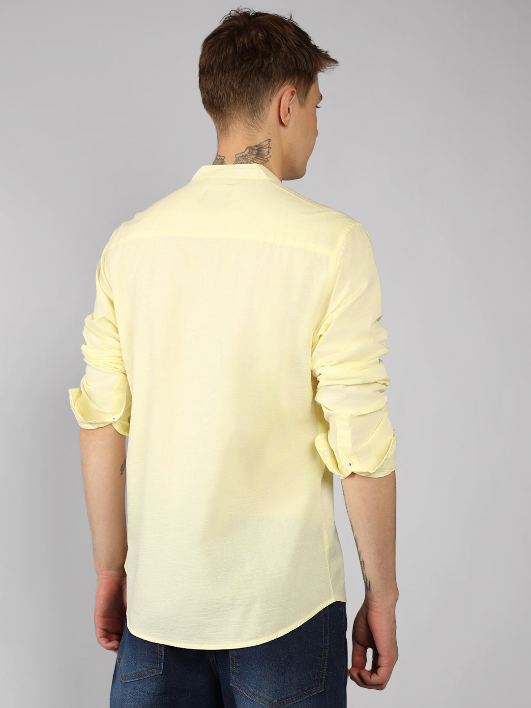 Men's Yellow Solid Mandarin Collar Full sleeve Regular Shirt