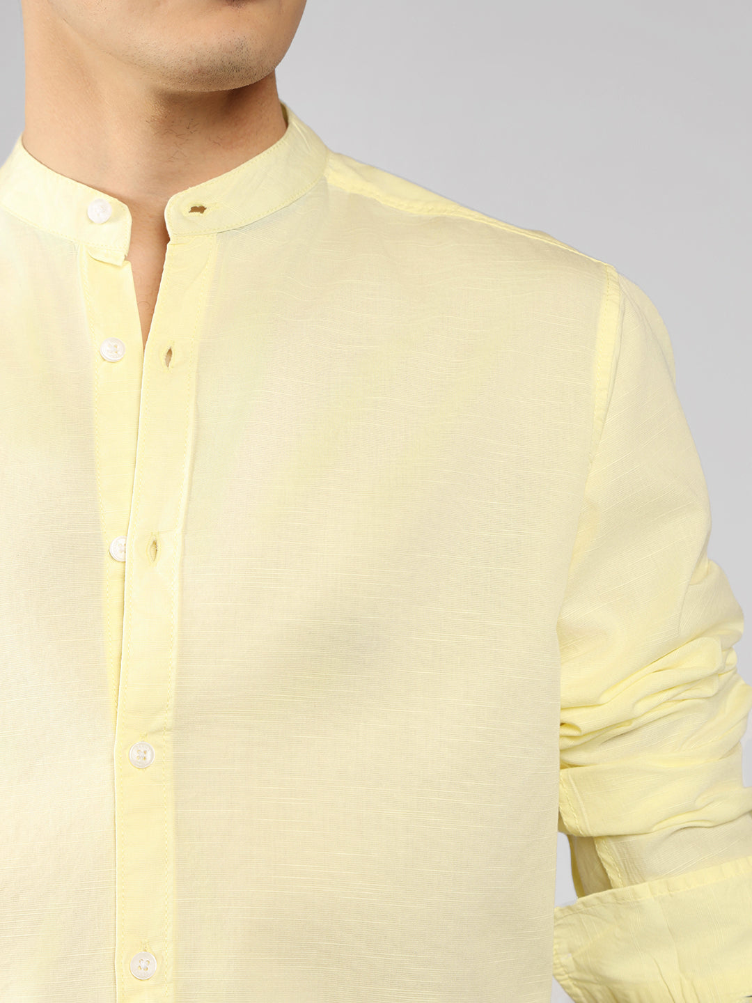 Men's Yellow Solid Mandarin Collar Full sleeve Regular Shirt