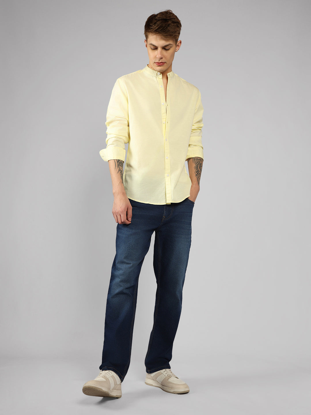 Men's Yellow Solid Mandarin Collar Full sleeve Regular Shirt