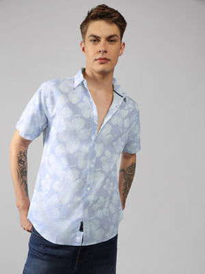 Men's Blue Floral Print Spread Collar Short Sleeves Relaxed Fit Casual Shirt