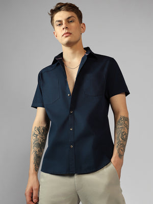 Men's Navy Blue Solid Spread Collar Short Sleeves Relaxed Fit Casual Shirt
