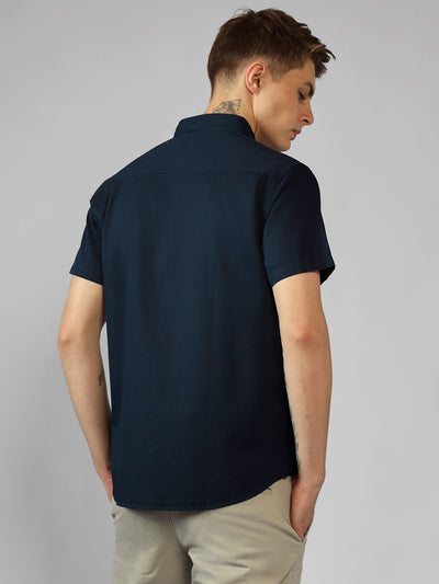 Men's Navy Blue Solid Spread Collar Short Sleeves Relaxed Fit Casual Shirt