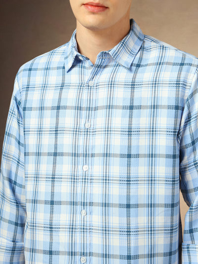 Men's Blue Checks Spread Collar Full Sleeves Shirt