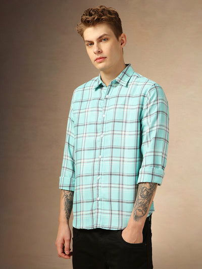 Men's Blue Checks Spread Collar Full Sleeves Shirt