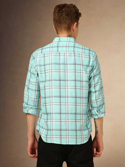 Men's Blue Checks Spread Collar Full Sleeves Shirt