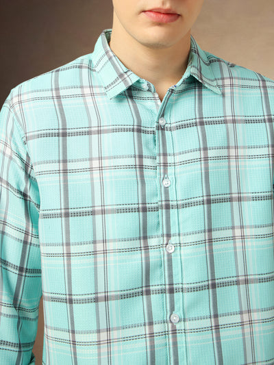 Men's Blue Checks Spread Collar Full Sleeves Shirt