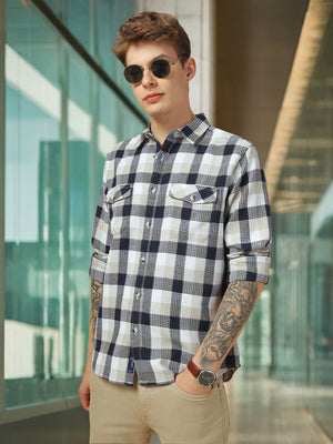 Men's Navy Blue Checks Spread Collar Full Sleeves Shirt