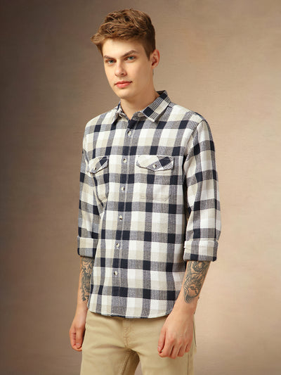 Men's Navy Blue Checks Spread Collar Full Sleeves Shirt