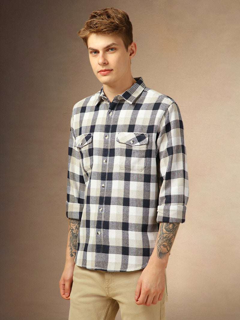 Men's Navy Blue Checks Spread Collar Full Sleeves Shirt