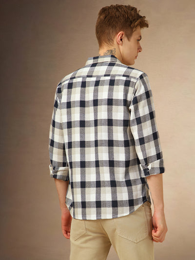 Men's Navy Blue Checks Spread Collar Full Sleeves Shirt