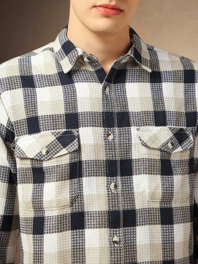 Men's Navy Blue Checks Spread Collar Full Sleeves Shirt