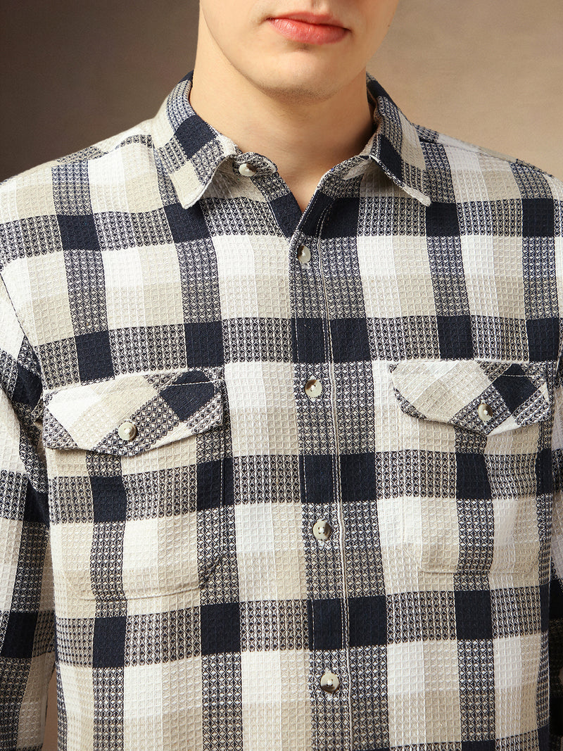 Men's Navy Blue Checks Spread Collar Full Sleeves Shirt