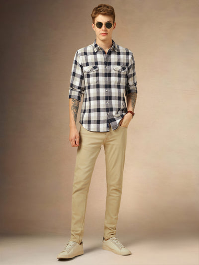 Men's Navy Blue Checks Spread Collar Full Sleeves Shirt