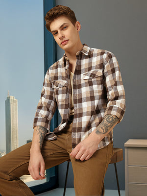 Men's Brown Checks Spread Collar Full Sleeves Shirt