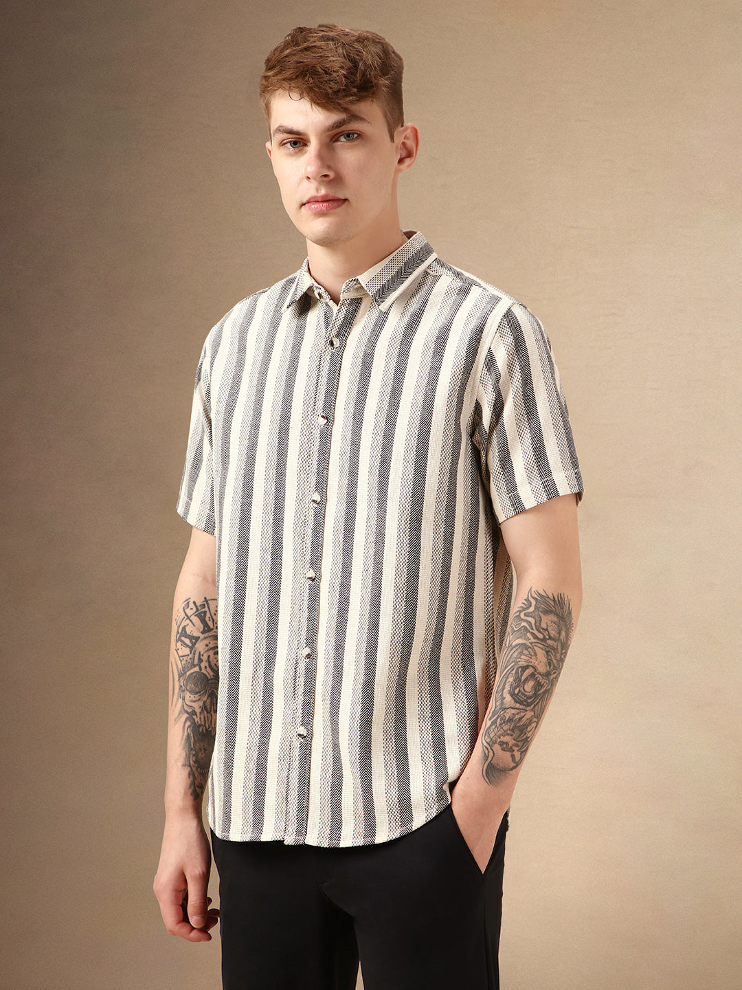 Men's Cream Striped Spread Collar Half Sleeves Cotton Poly Waffle Casual Shirt