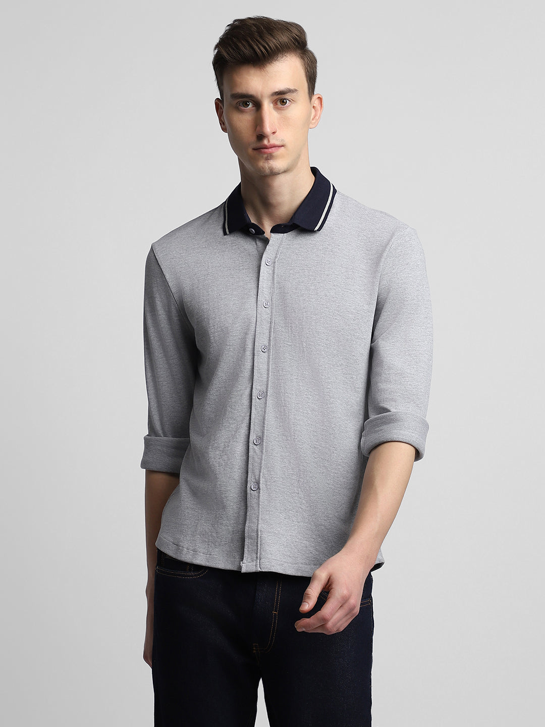 Men's Regular Collar Slim Fit Solid Light Grey Casual Shirts